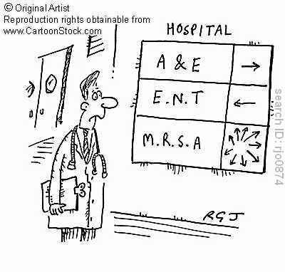 A cartoon depicting a sign saying that MRSA is everywhere